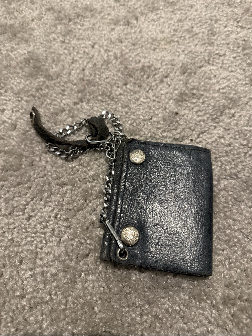 Black Leather Chain Bifold Wallet with Silver Hardware